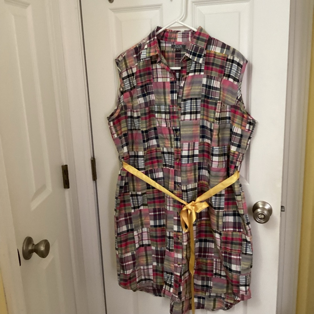 A.T.U.N Plaid Sleeveless Midi Dress with Yellow Ribbon Belt
